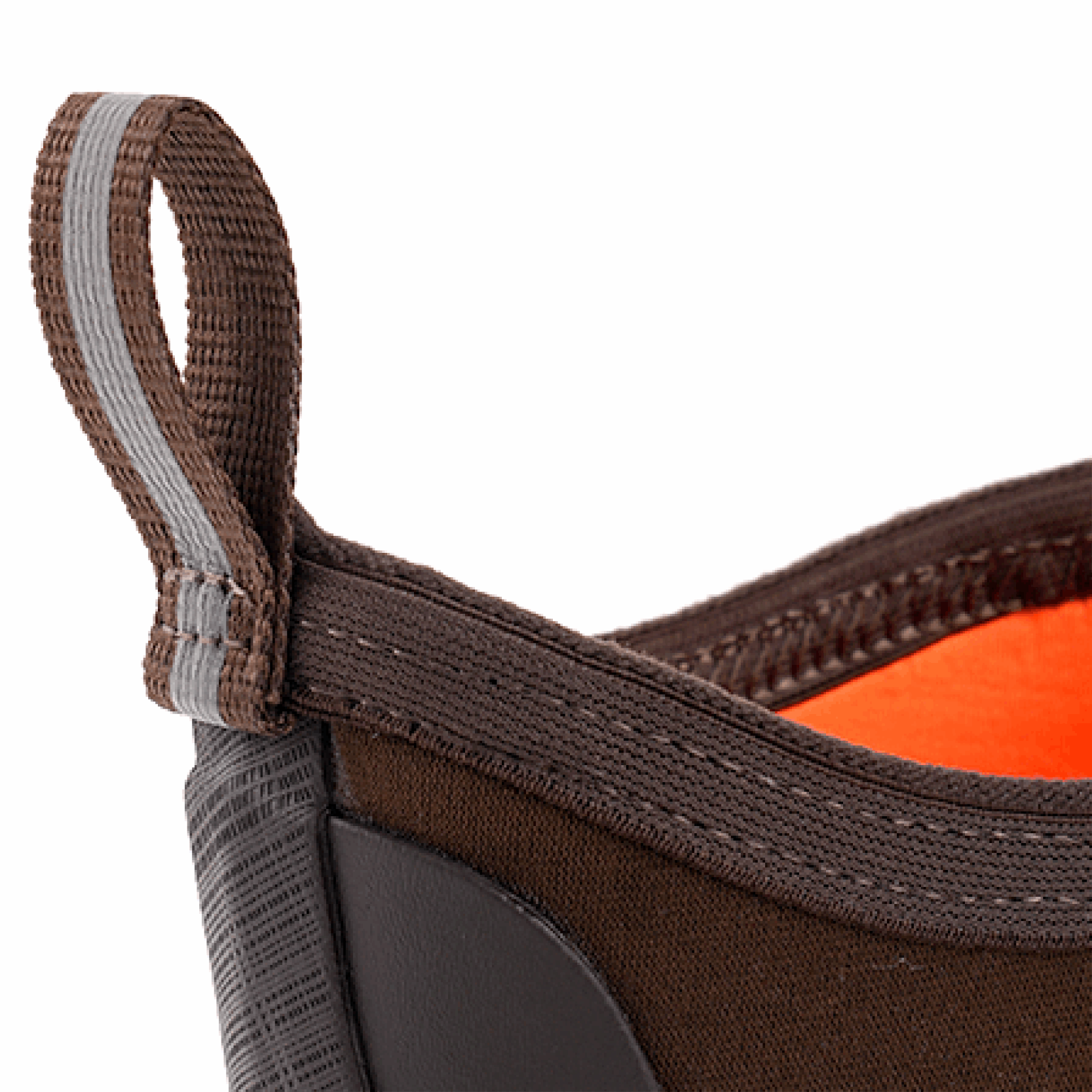 Close-up of pull loop on Trudave MudGuard Series women’s brown mid-calf waterproof garden boots showing easy on-off design and durable waterproof construction